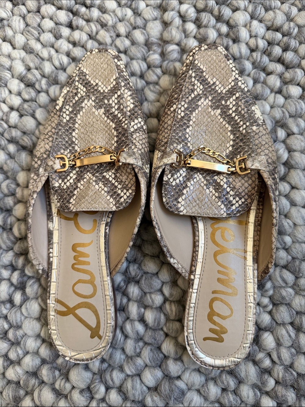 Sam Edelman Taupe Snake-Print Leather Mules with Gold Bit Accent